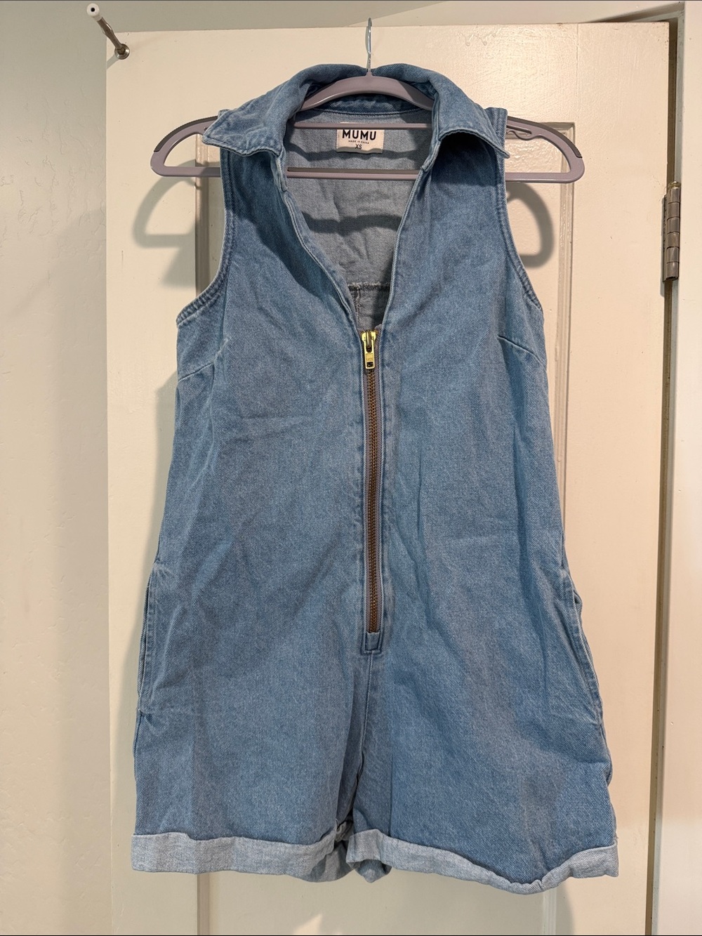 Show Me Your MuMu Light Blue Denim Zip-Front One-Piece Romper